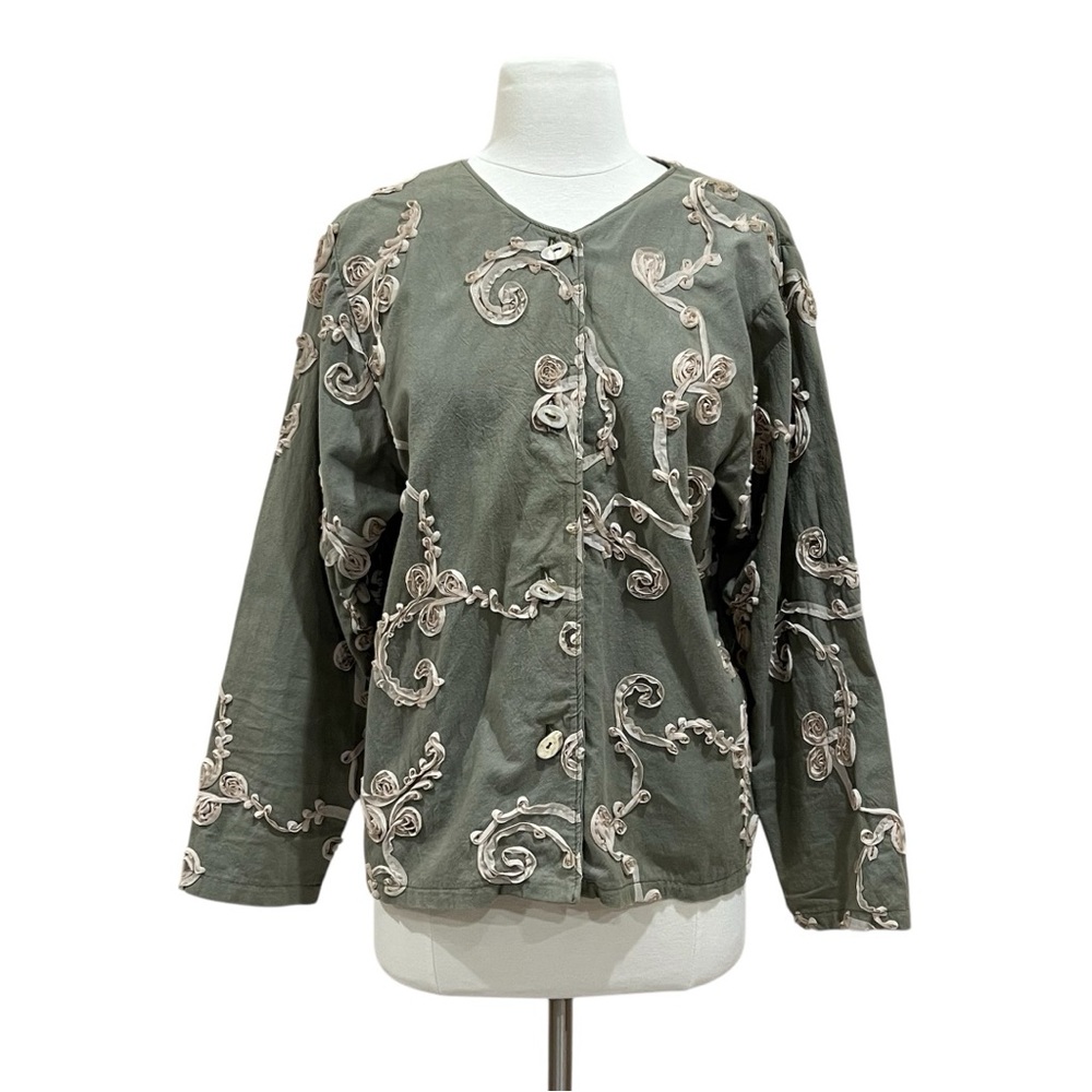 Natasha Sage Green Jacket with Ivory Ribbon Detail Size XL